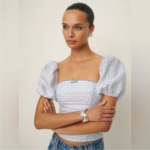 Reformation Blue and White Puff Sleeve Blouse